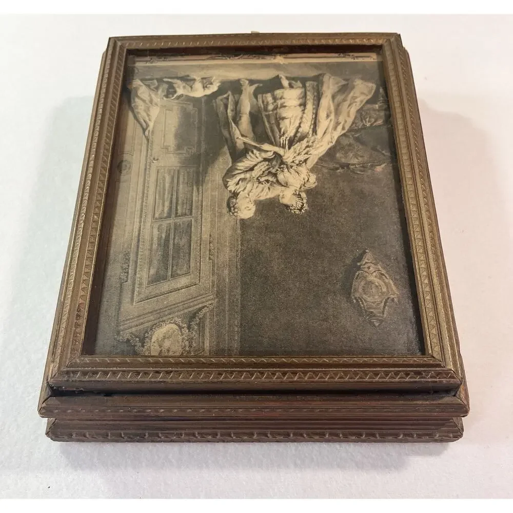 Antique Wooden Jewelry Box With Rococo Print